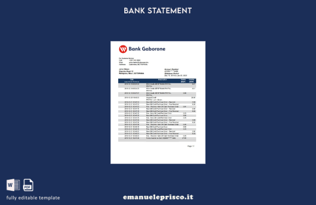 modello word di estratto conto bancario Botswana Bank Gaborone in stile verifica